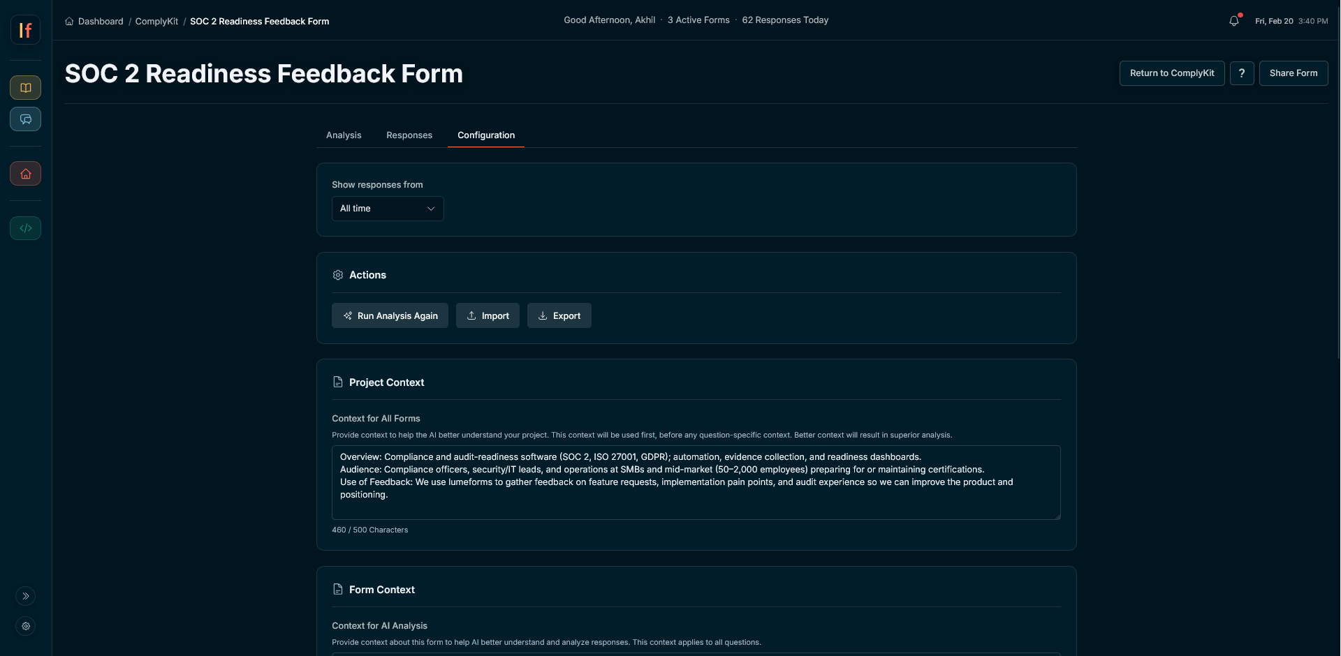 Form Analysis Actionable Insights view