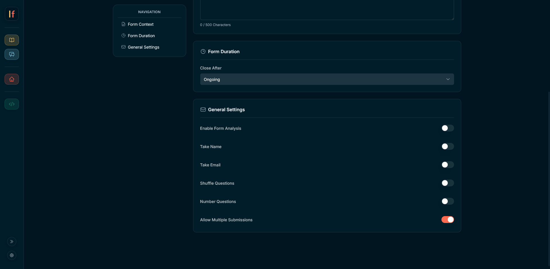 Form Builder add question and settings